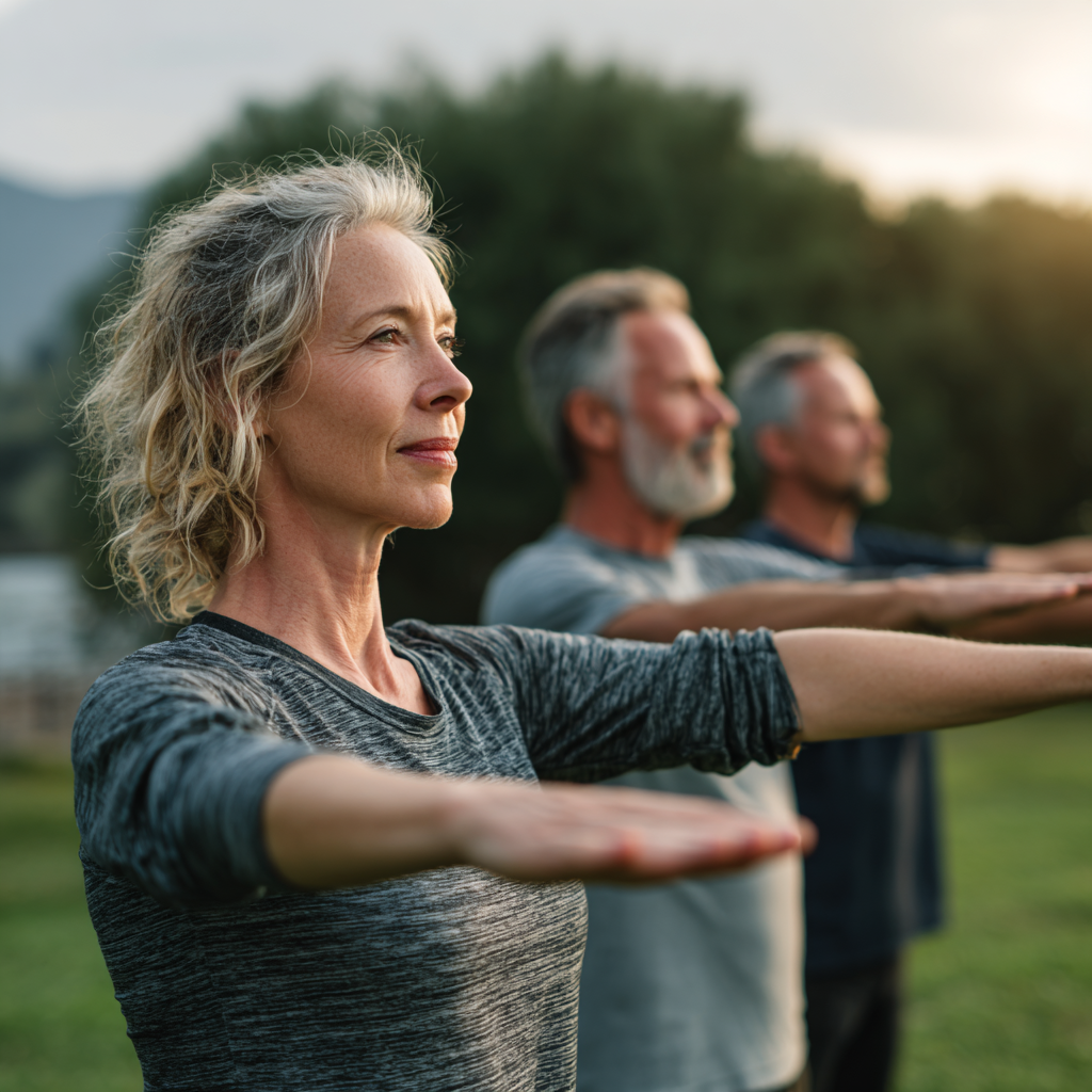 Middle-aged adults practicing gentle mobility exercises outdoors