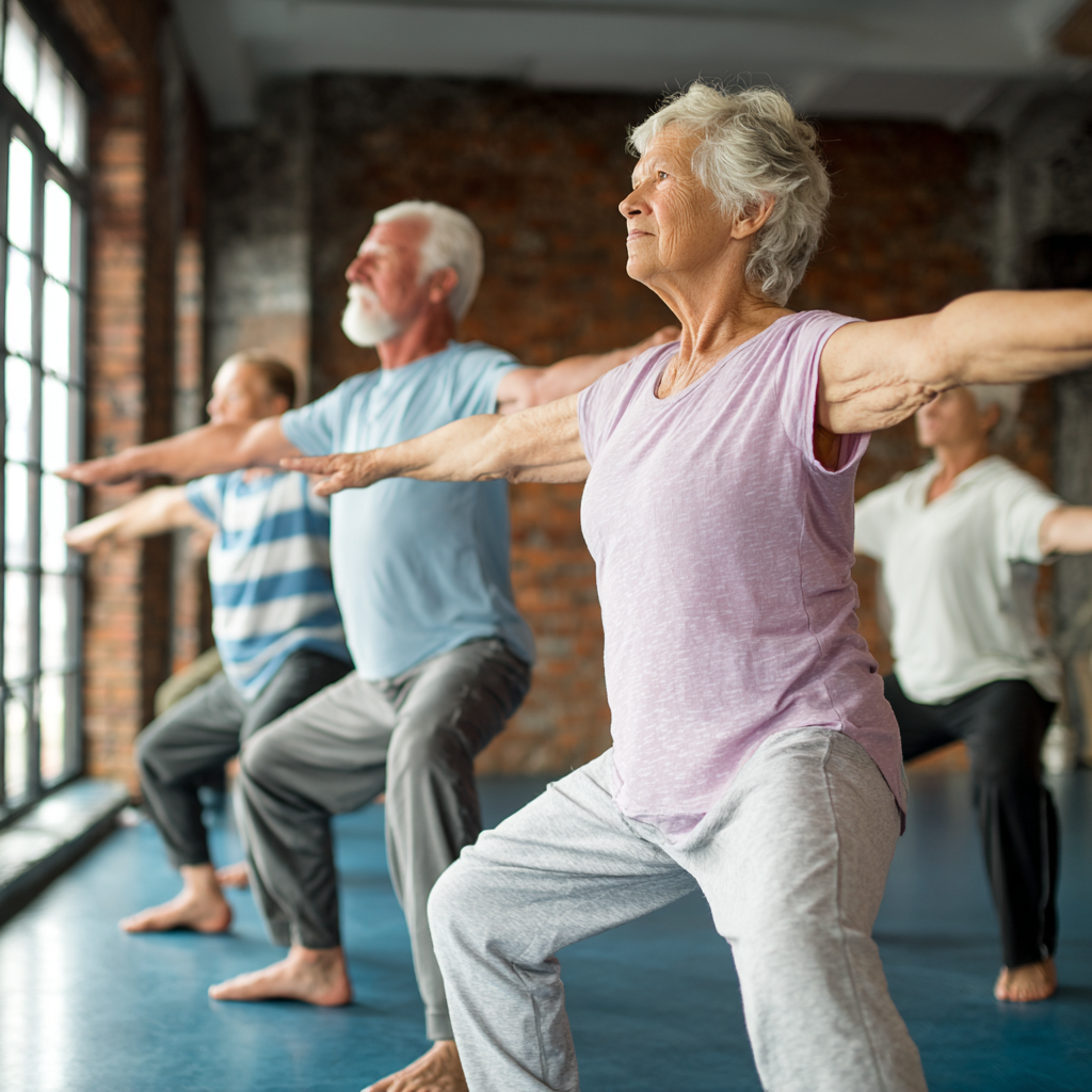 Older adults engaging in balance and stability training in a calm indoor setting